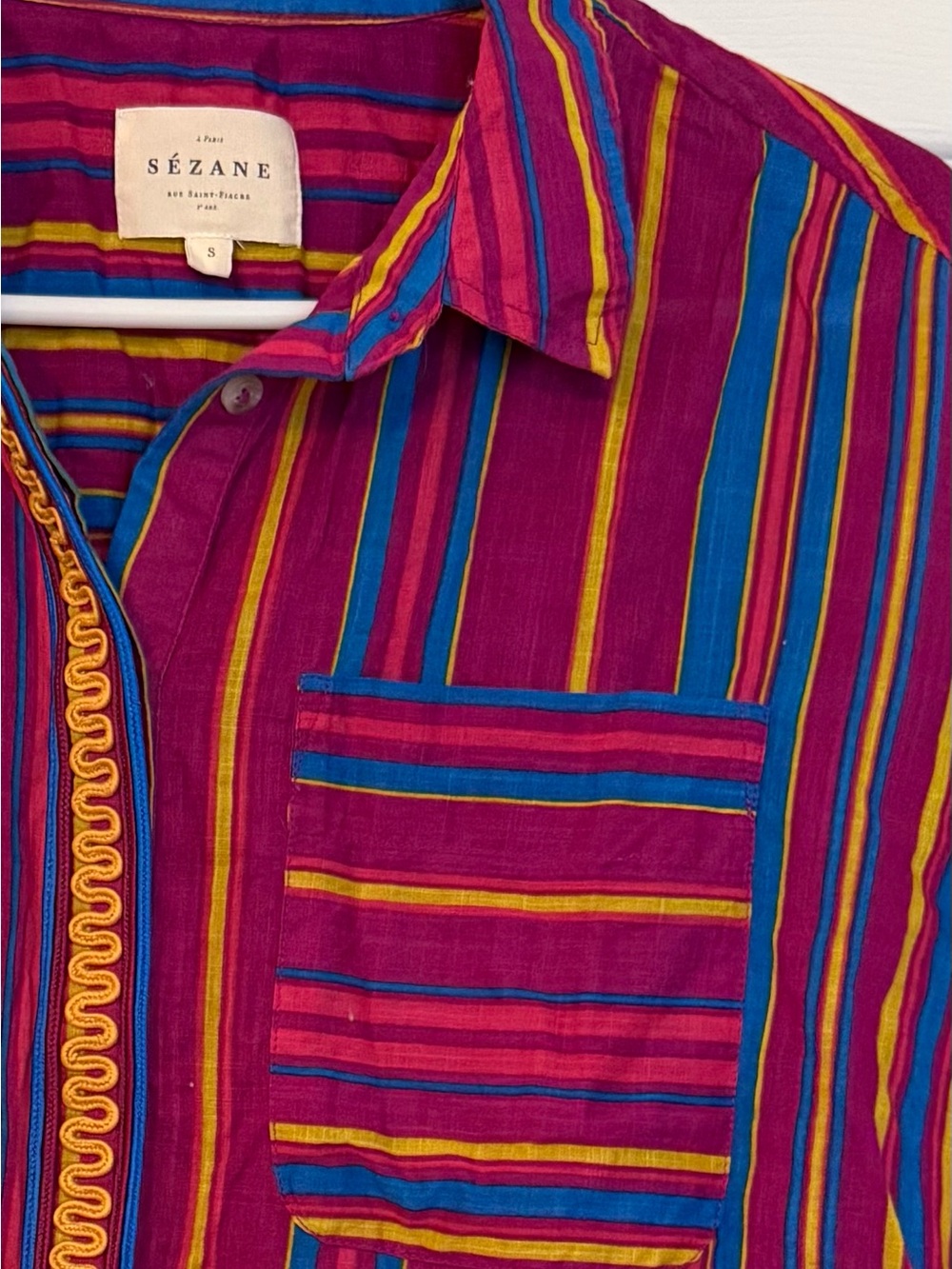 Sezane Multicolor Striped Button-Down Shirt — Magenta, Blue, Yellow - Picture 2 of 9